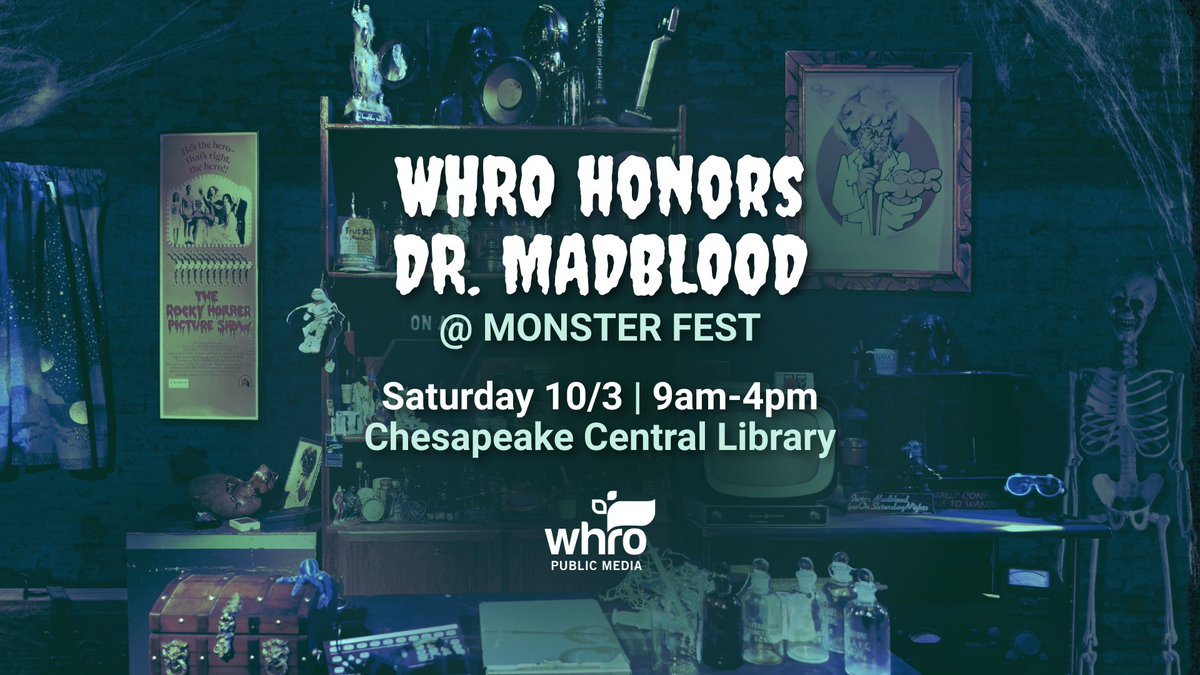 WHRO's tweet photo. 🧌 HONOR DR. MADBLOOD NEXT WEEKEND 10/3 AT MONSTERFEST!

Monster Fest is a small local one day event, for fans of classic horror and monsters in film and literature at Chesapeake Central Library that's been happening since 2003!

MORE INFO: https://t.co/abBEL1qyY8 https://t.co/7ampn8023B