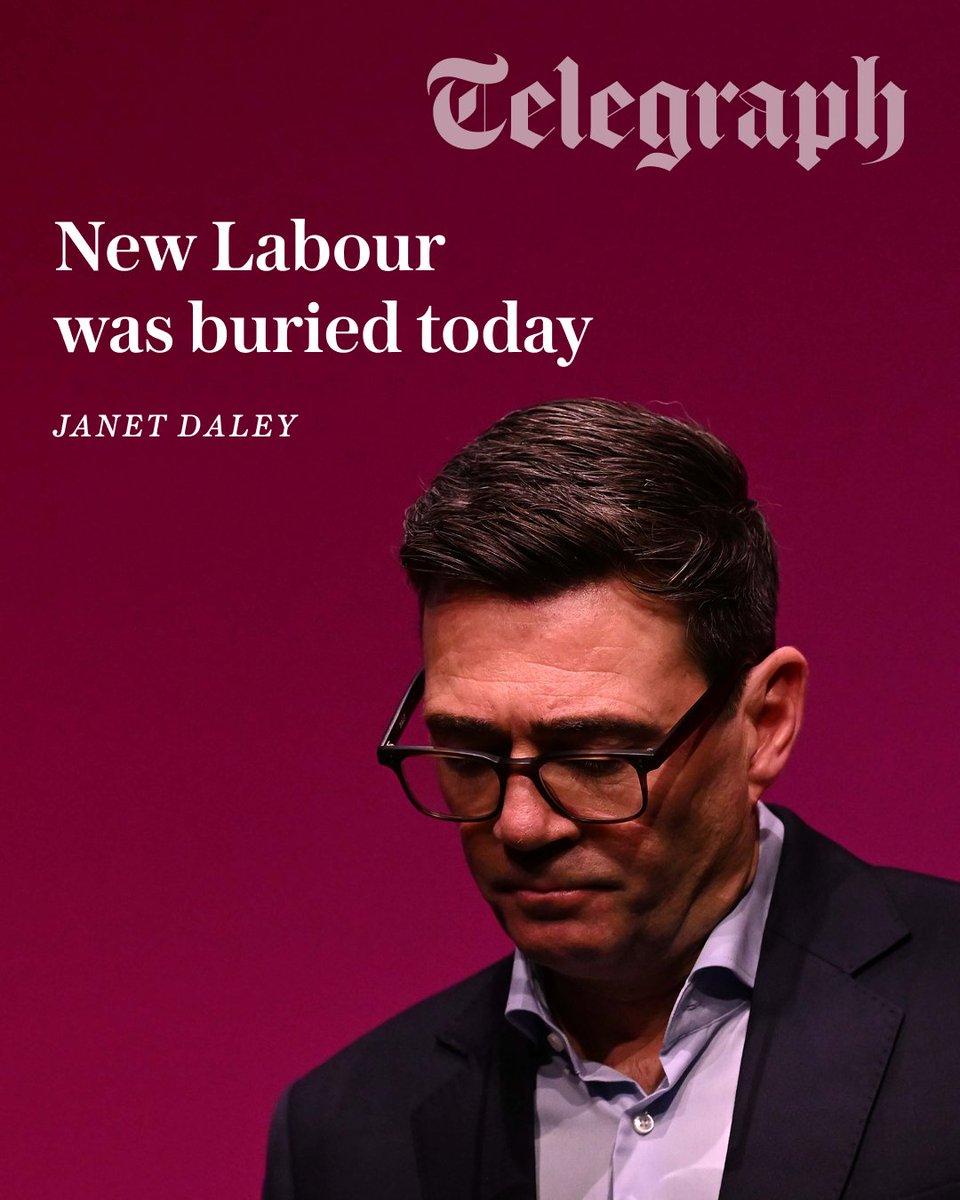 Telegraph's tweet photo. 'Andy Burnham has renounced the Blairite New Labour revolution. His message was a quite explicit appeal to the Labour vision of 1945 in which all progress was achieved by collective action rather than individual aspiration'

Janet Daley argues 'how could his vision of a re-industrialised, re-nationalised country survive in a globalised economy if it were paralysed by the endless power struggles of coalition politics?' ⤵️
https://t.co/gjgLHJANPN