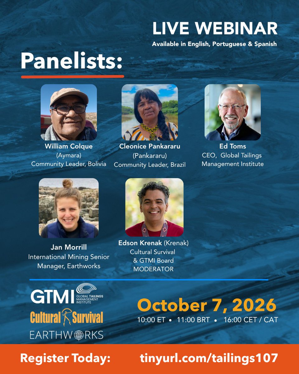 CSORG's tweet photo. Join GTMI, Earthworks, and Cultural Survival for a webinar exploring tailings management beyond technical safety, focusing on Indigenous rights, water and food security, livelihoods, cultural heritage, biodiversity, and long-term community resilience.
https://t.co/HT9aAgWVsk https://t.co/bjw8anPbeZ