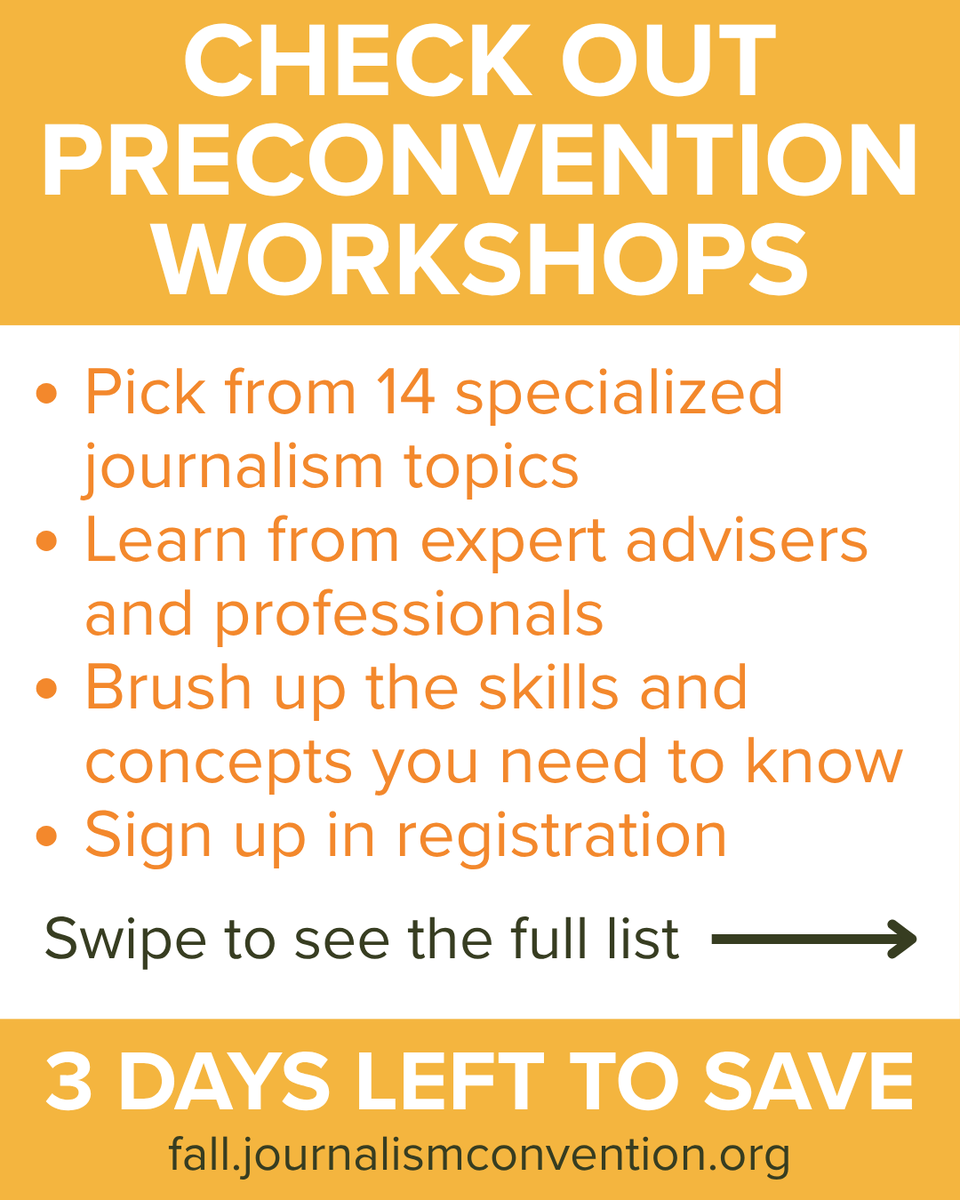 NSPA's tweet photo. Start your convention experience off on the right foot with a preconvention workshop! These workshops will teach you the skills you need to know this school year. 

Swipe to see the full list of workshops. Learn more here and sign up in registration: https://t.co/SzpPmYZ7q4 https://t.co/hykSSMzVkN