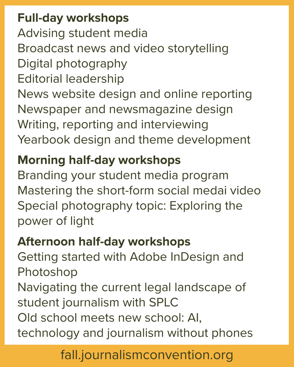 NSPA's tweet photo. Start your convention experience off on the right foot with a preconvention workshop! These workshops will teach you the skills you need to know this school year. 

Swipe to see the full list of workshops. Learn more here and sign up in registration: https://t.co/SzpPmYZ7q4 https://t.co/hykSSMzVkN