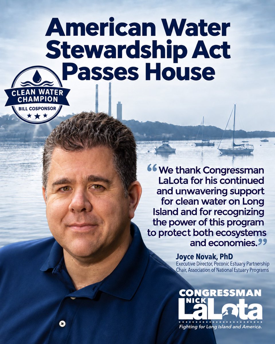nicklalota's tweet photo. The Peconic Estuary’s clean waters are vital to our bay scallop harvest, local fishermen, and the East End economy. That’s why I cosponsored the American Water Stewardship Act to support the National Estuary Program and its work here on Long Island. I’ll keep fighting to protect the waters our communities depend on.