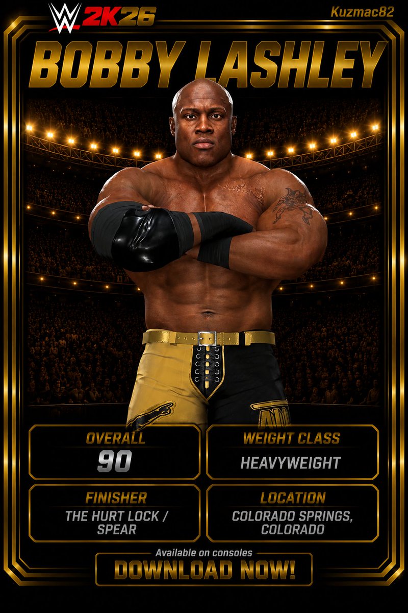 kuzmac82's tweet photo. Almighty Bobby Lashley is AVAILABLE NOW for consoles!! Fully loaded with attires by @JohnCMcCutchan &amp; moveset by @BigRighteous. More to com. DLC is included. #KUZMAC82 #BOBBYLASHLEY #2KG https://t.co/PCbPbBxmP0