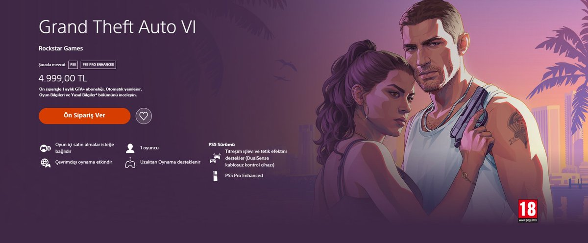 Gta6Turkiye's tweet photo. GTA 6'nın yaş sınırı belli oldu! GTA 6 şu an ülkemizde PlayStation Store'da PEGI 18 yaş derecelendirmesine sahip. https://t.co/GbEnfFS5Zv