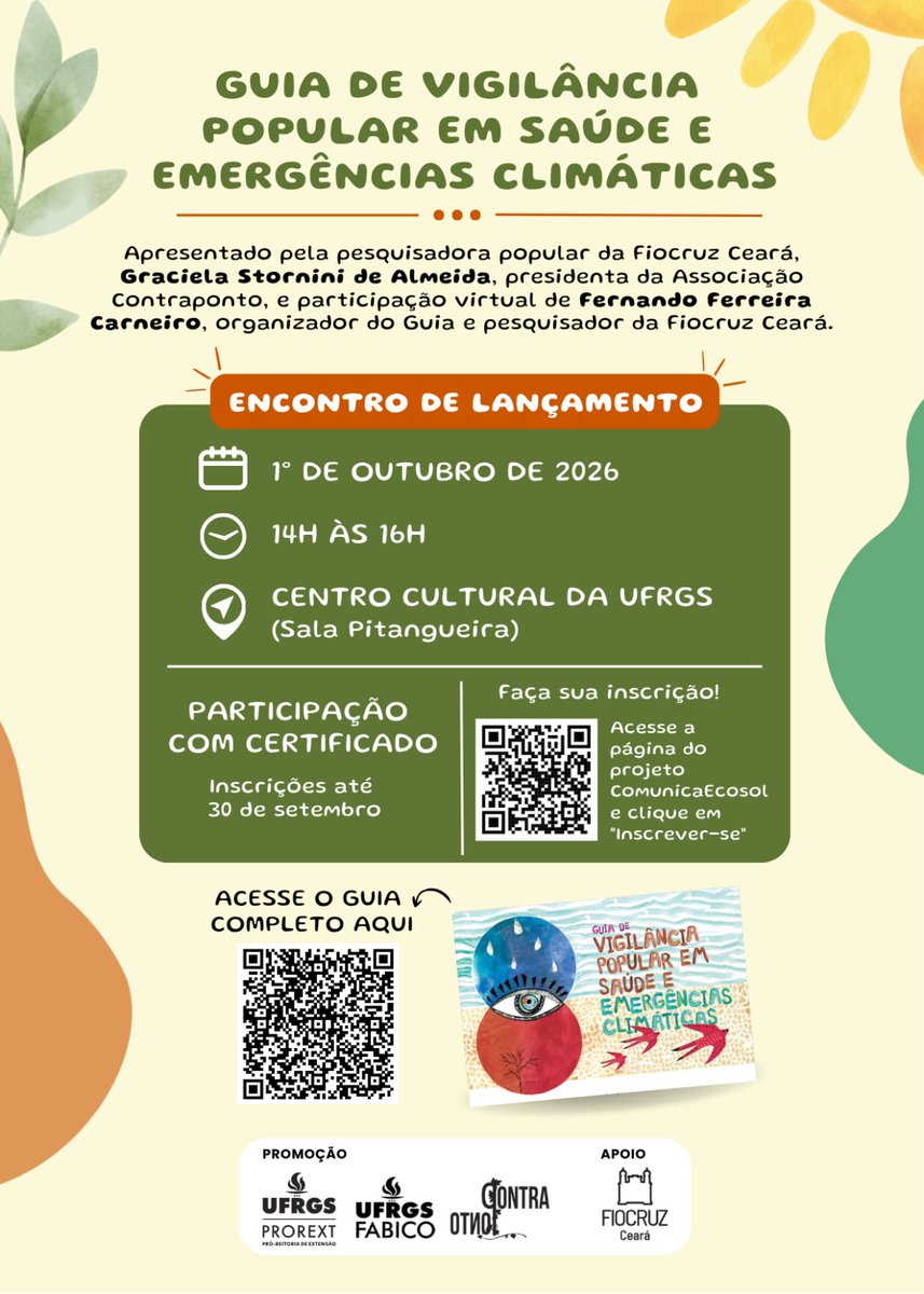 ufrgsoficial's tweet photo. Nesta quinta-feira, 1º de outubro, no Centro Cultural da UFRGS, acontece o evento de lançamento do “Guia de vigilância popular em saúde e emergências climáticas”. A atividade tem inscrições gratuitas via Portal da Extensão.
Saiba mais em https://t.co/A7cLPGup9R https://t.co/pLP5OUBI8W
