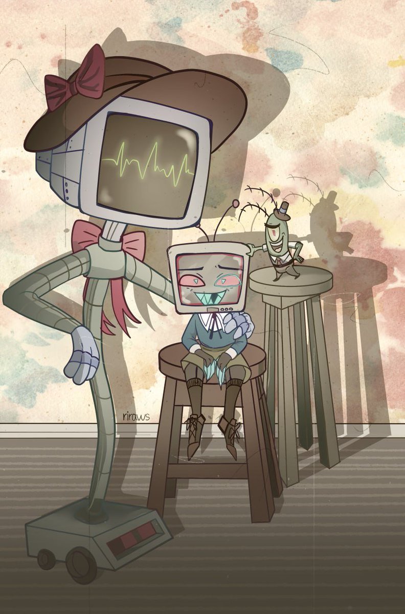 Riraws's tweet photo. Here I have a picture of vox and his family 
#HazbinHotelVox #Vox #SpongeBobplankton https://t.co/9j6zDOkCQf