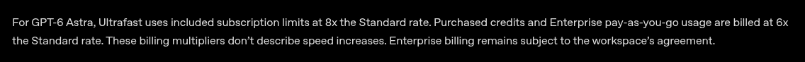 jj3maj's tweet photo. btw for those who didn't know, GPT-6 Astra Ultrafast spends usage limits 8 TIMES FASTER on subs. the announced 6x only applies to credits/enterprise.

so a 500$ monthly sub, being 25x the limits of plus, should only get 3.125x the effective work of plus if you use ultrafast https://t.co/HkuqmeYTry