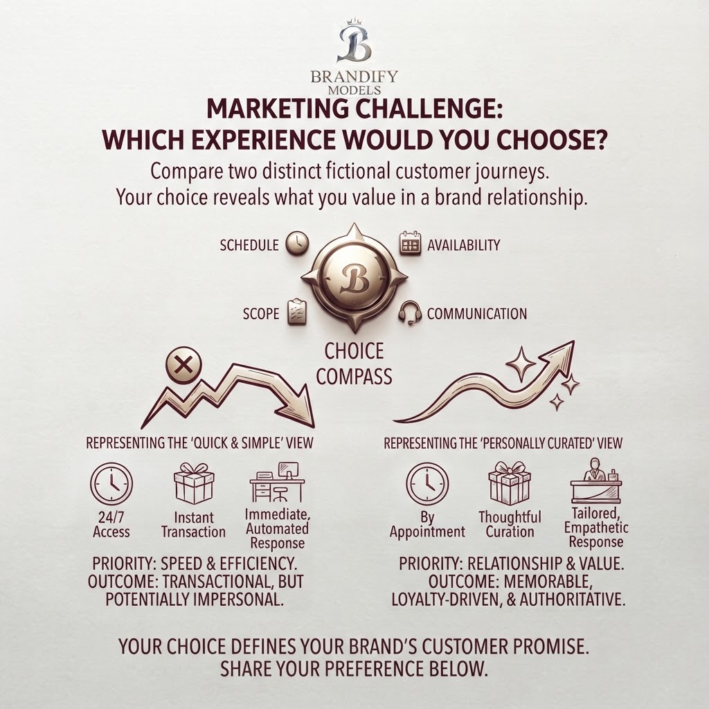 BrandifyM's tweet photo. 🎯 Marketing Challenge: Which experience would you choose?

🅰️ Fast &amp; simple
🅱️ Personalized &amp; tailored to you

A or B? 👀

Your choice highlights how customer experience can influence buying decisions.

#BrandifyModels #MarketingChallenge https://t.co/I27iv8NDzB