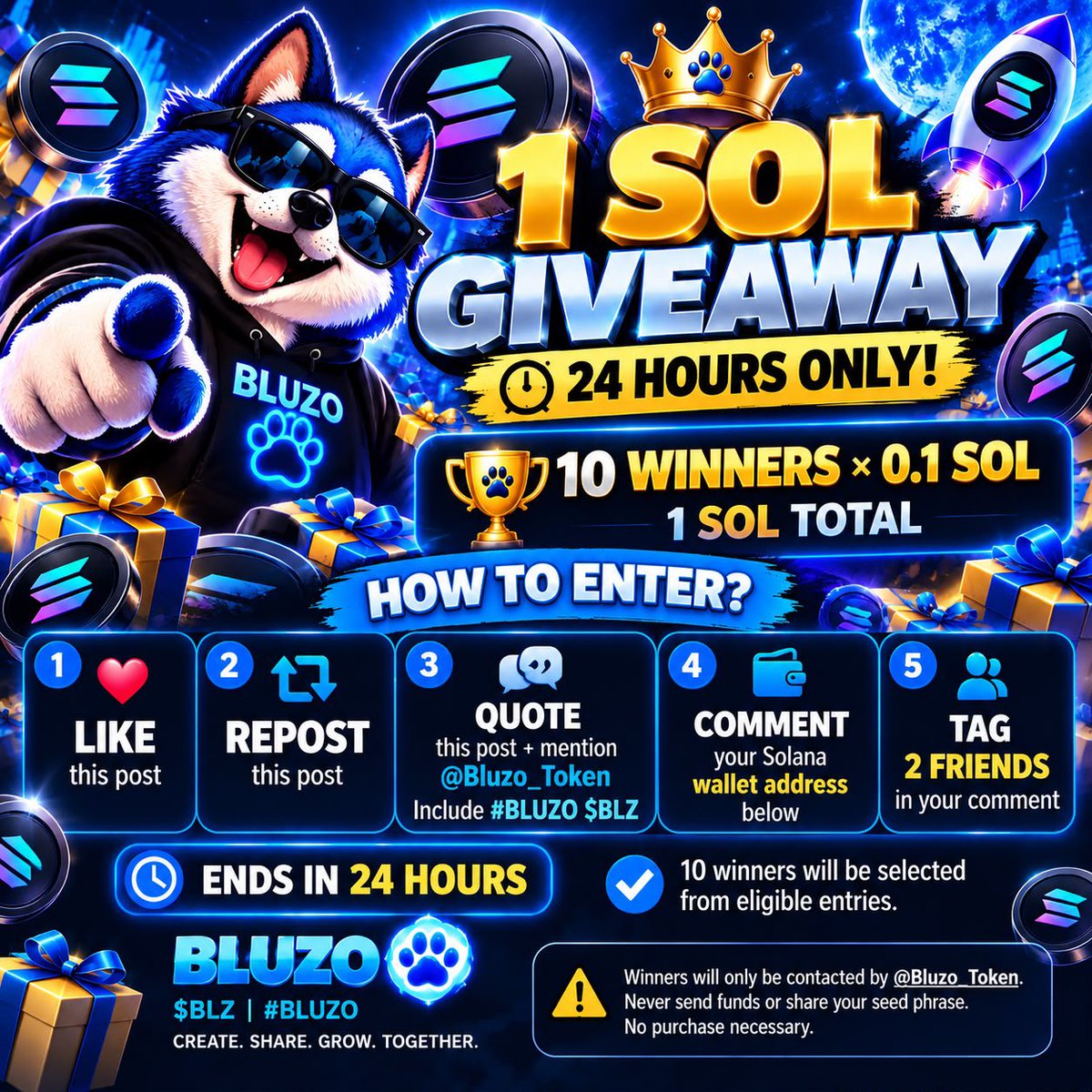 Bluzo_Token's tweet photo. 🚨 1 SOL GIVEAWAY — 24 HOURS ONLY! 🚨

🏆 10 WINNERS × 0.1 SOL
💰 1 SOL TOTAL

HOW TO ENTER 👇

❤️ LIKE this post
🔁 REPOST this post
💬 QUOTE + mention @Bluzo_Token
🐾 Include #BLUZO $BLZ in your Quote
👛 COMMENT your Solana wallet address below and TAG 2 FRIENDS 👥

⏰ ENDS IN 24 HOURS

10 winners will be selected from eligible entries.
BLUZO | $BLZ | #BLUZO 

⚠️ We will NEVER ask for your seed phrase or private key. No purchase necessary.

#BLUZO #BLZ #Sol #Solana #MEME #Giveaway
