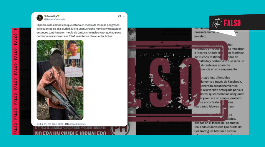 Colcheck's tweet photo. #FALSO | Ricardo Rodríguez no es el joven que sostiene un arma en esta foto viral, que fue alterada con IA
📌 La imagen original presuntamente corresponde a Magnely Pallares, una persona asesinada en Tibú
🔗 https://t.co/PNJ1lVf1ug https://t.co/G9I1rK6f4c