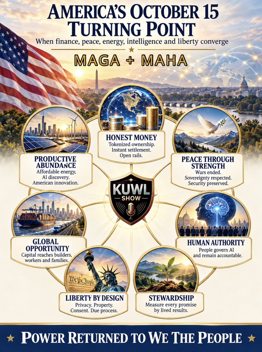 KuwlShow's tweet photo. Let’s Talk “Don’t Vote” Shall We?

by ~October 15, 2026, we’ll see:

DTCC - $114T moving on chain

Iraq’s Sovereignty & IQD reset

Iran/IRGC/London conflict over

Ukraine/Russia conflict over

10 Wars the world over, ended

Abraham Peace Accords signed

Massive oil price/barrel drop

Ripple Fed Master Account live

SWIFT Aligns w/ SEC/ISO rules

US Income Tax all but abolished

America’s Super Intelligence live

US Crypto Capital of the world

US AI Capital of the world

US Military Leader of the world

US Energy Capital of the world

US Innovation Capital of the world

US Growth Leader of the world

US Freedom Capital of the world

US Declaration of Independence honored, respected & renewed. 

“Nothing happening!” you say?

@X @PrometheanActn @WhiteHouse @POTUS @RapidResponse47 @GOP