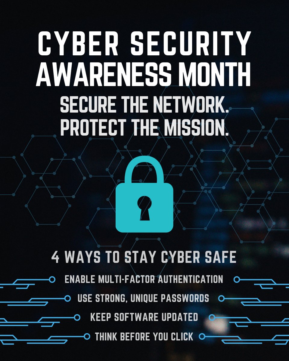 403rdWing's tweet photo. October is National Cybersecurity Awareness Month. From the network to the mission, cybersecurity is everyone's responsibility. #readynow

To read more about cyber security click: https://t.co/8otgnCcJKn https://t.co/VhXSqFGJCK