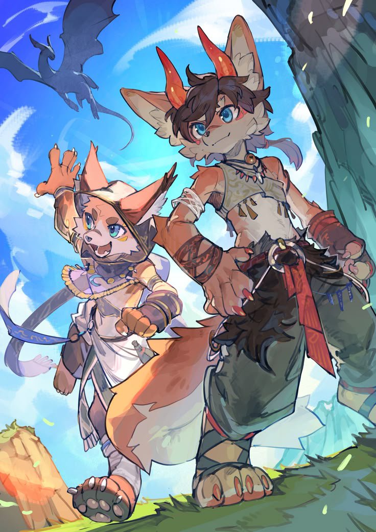Uzimeoww's tweet photo. Two fearless travelers, one epic journey, and a dragon watching from above. 🐉🌤️
#FurryArt #FurryFandom #Dragon #FoxCharacter https://t.co/0dqeux8FvB