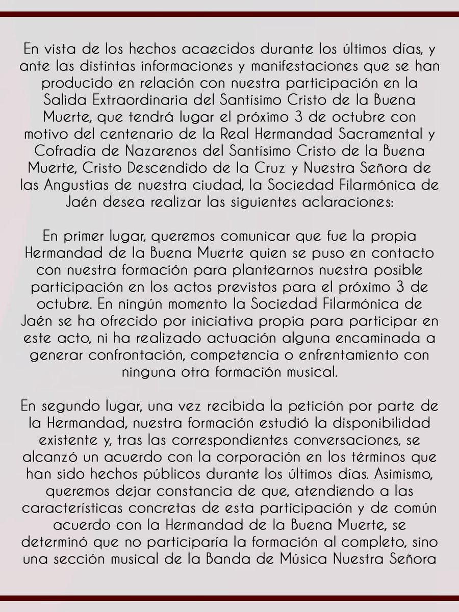filarmonicajaen's tweet photo. 📲 Nota aclaratoria acerca de nuestra participación en la salida extraordinaria del Santísimo Cristo de la Buena Muerte de Jaén.
✍️ Junta Directiva
#SuenaLaFilarmonica
#SFJ
#BMNSA https://t.co/jf3blITuGR