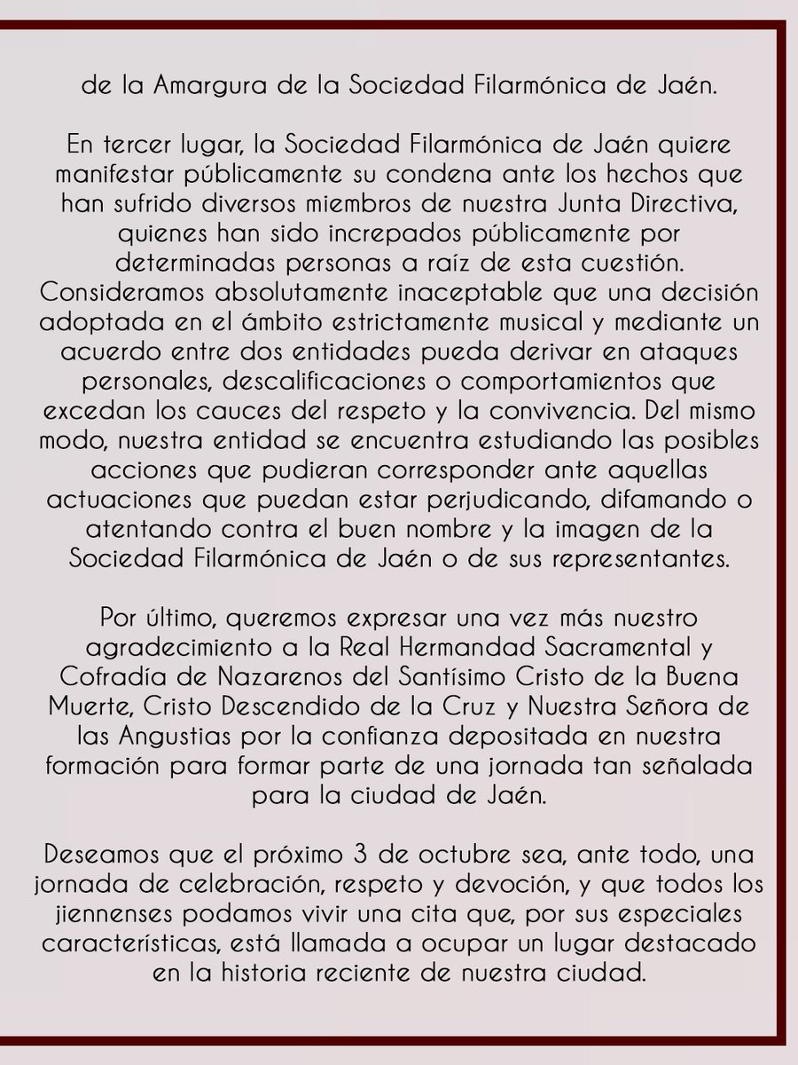 filarmonicajaen's tweet photo. 📲 Nota aclaratoria acerca de nuestra participación en la salida extraordinaria del Santísimo Cristo de la Buena Muerte de Jaén.
✍️ Junta Directiva
#SuenaLaFilarmonica
#SFJ
#BMNSA https://t.co/jf3blITuGR