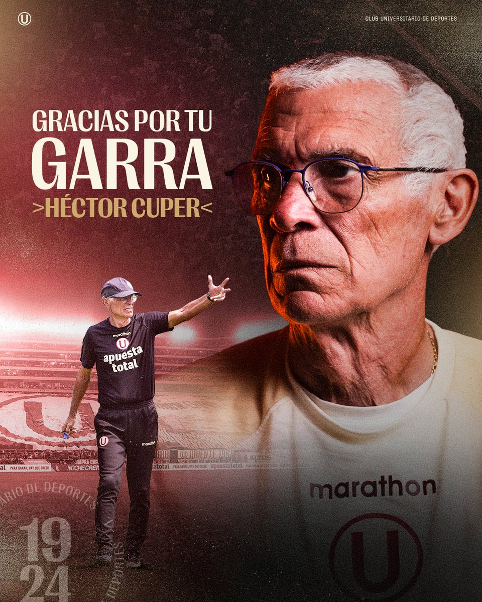 Universitario's tweet photo. 𝗚𝗥𝗔𝗖𝗜𝗔𝗦, 𝗣𝗥𝗢𝗙𝗘𝗦𝗢𝗥 𝗖𝗨𝗣𝗘𝗥  🙌

Agradecemos a Héctor Cuper y su comando técnico por el profesionalismo mostrado durante su etapa al frente de nuestro primer equipo.

¡Éxitos en sus próximos desafíos! 💪 https://t.co/Hx8YWljwlJ