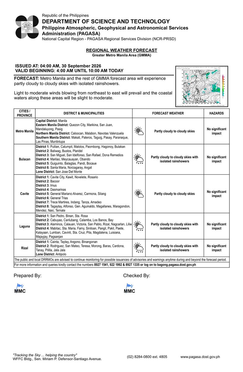dost_pagasa's tweet photo. REGIONAL WEATHER FORECAST for GREATER METRO MANILA AREA (GMMA) #NCR_PRSD
Issued at: 4:00 AM, 30 September 2026
Valid Beginning: 4:00 AM - 10:00 AM today

https://t.co/FgzeJ2NtSQ https://t.co/BHS7rq786N
