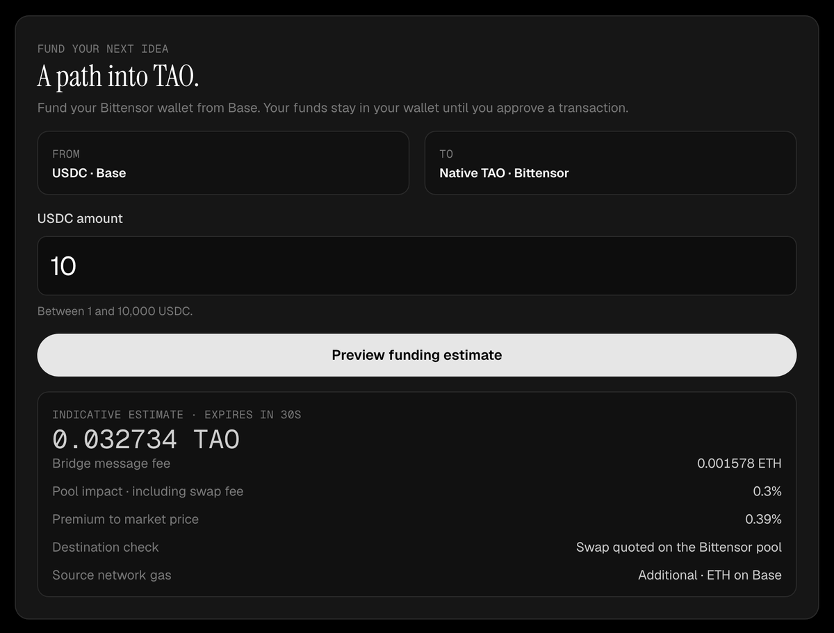 LaunchAxon's tweet photo. Need TAO?  what we built is a direct route from USDC on Base to native TAO on Bittensor.

The estimate, the fees and the price impact show up before anything is signed. https://t.co/b52OY2eOXA