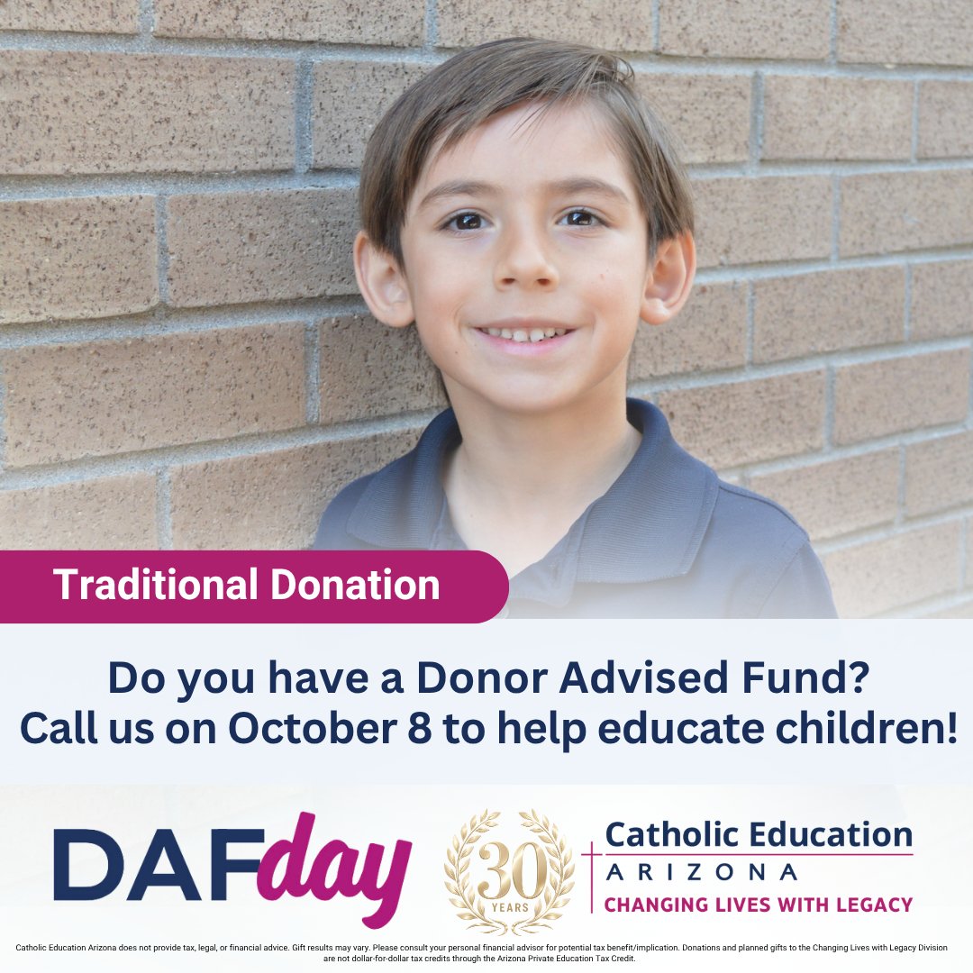 CatholicEDAZ's tweet photo. Today is DAF Day! If you have a Donor-Advised fund (DAF), recommend a grant to Catholic Education Arizona to change lives and give the gift of education. To learn more, visit https://t.co/jV8MEYduiY #DAFDay #CatholicEducation #ChangingLives #CatholicPhilanthropy https://t.co/AMhfJ5P7di