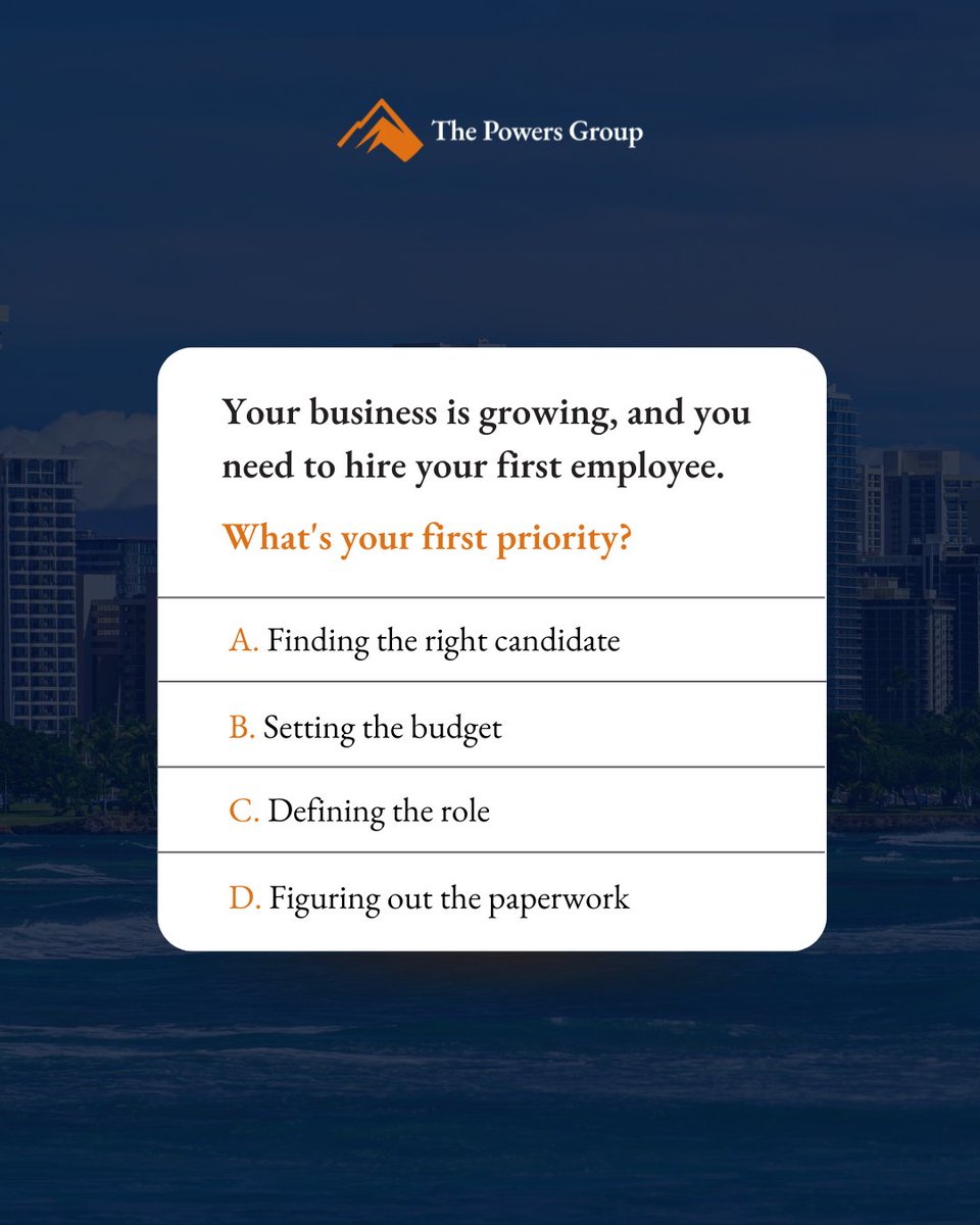 PowersGroupHQ's tweet photo. Hiring your first employee? That’s a good problem to have.

You also need the budget, equipment, technology, training, and operating cash to support the hire.

https://t.co/iKGymn8nw8
 (844) 3-POWERS
 (808) 481-4153

#HawaiiBusiness #SmallBusiness https://t.co/LFs8MzdJAL