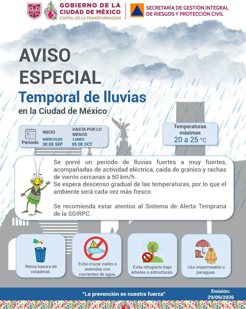 Wongui's tweet photo. 🚨🚨#AvisoOportuno La #CDMX enfrentará un temporal de lluvias fuertes a muy fuertes del miércoles 30 de septiembre al lunes 5 de octubre, acompañado de tormentas eléctricas, caída de granizo, rachas de viento de hasta 50 kilómetros por hora y un descenso gradual de las temperaturas, informó @SGIRPC_CDMX 
Durante esos seis días se esperan precipitaciones de intensidad considerable en distintas zonas de la ciudad, por lo que las autoridades exhortaron a la población a mantenerse atenta a los avisos oficiales y extremar precauciones.