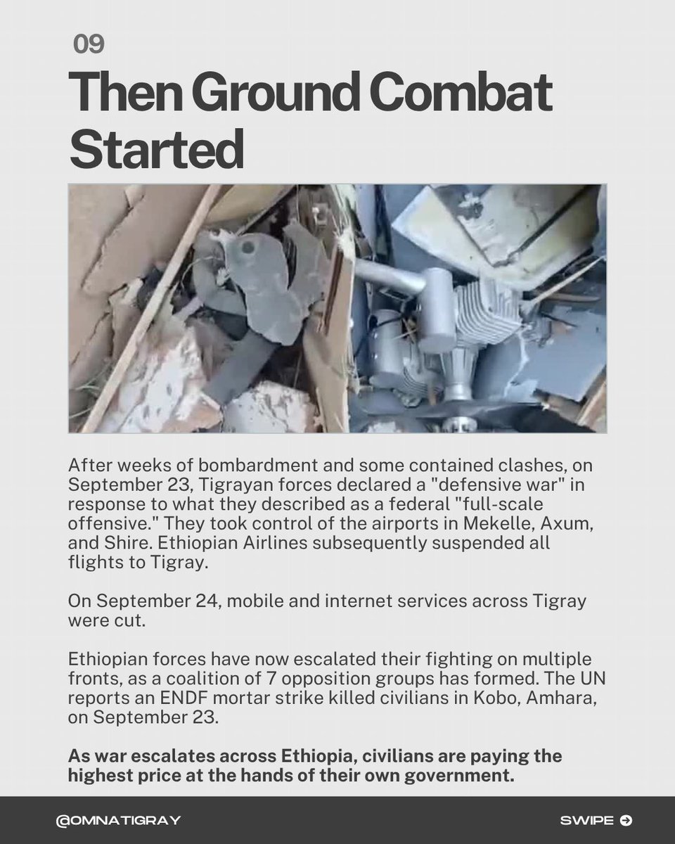 OmnaTigray's tweet photo. Tigray's war of attrition has turned into open war.

On Sept 23, Tigrayan forces declared a "defensive war" against a federal government offensive. Telecommunications were cut and fighting is spreading across Ethiopia.

Meanwhile, Washington lifted its arms embargo and eased sanctions—as the bombs fell.

A ceasefire alone won't fix this. The siege must be lifted in full: fuel, medicine, cash, aid. Civilians protected. Those responsible held to account.

Share this. Contact your reps. Demand an end to the bombardment and siege.

#Tigray