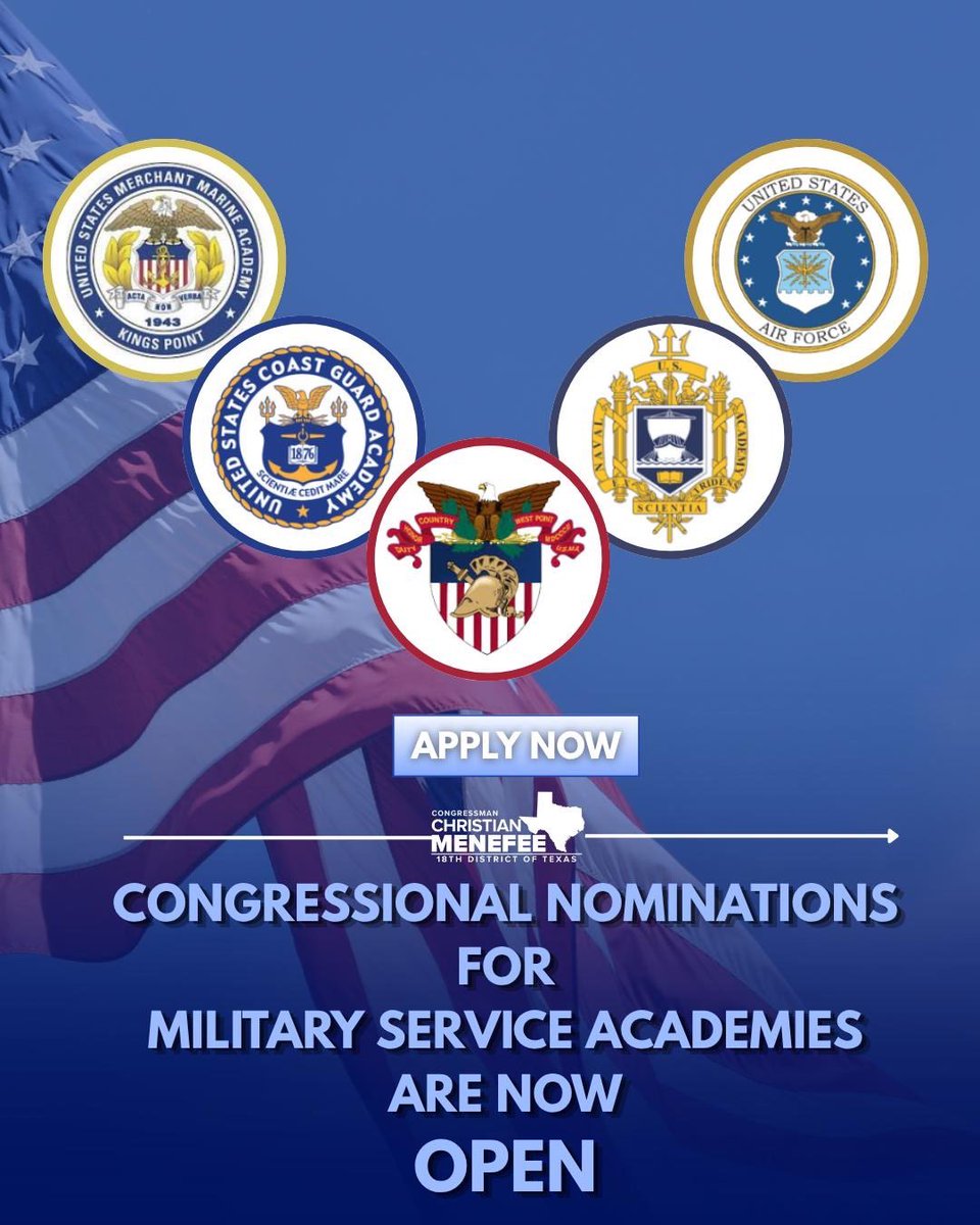 RepCDMenefee's tweet photo. Our Military Service Academy nomination deadline is quickly approaching!

If you’re a TX-18 student interested in attending a U.S. service academy, Friday, October 2nd is the deadline to submit your nomination application through my office.

Learn more and apply at https://t.co/UqCY9dBFsi