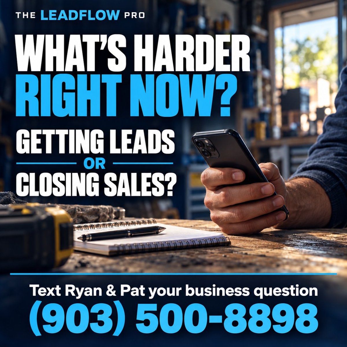 TheLeadFlowPro's tweet photo. What's harder right now: getting leads or closing sales?

Ryan and Pat here. Questions about your website, ads, or sales process? Text us your business name + biggest question at (903) 500-8898.

Let's figure out your next move. https://t.co/W5UBbXtM0I
