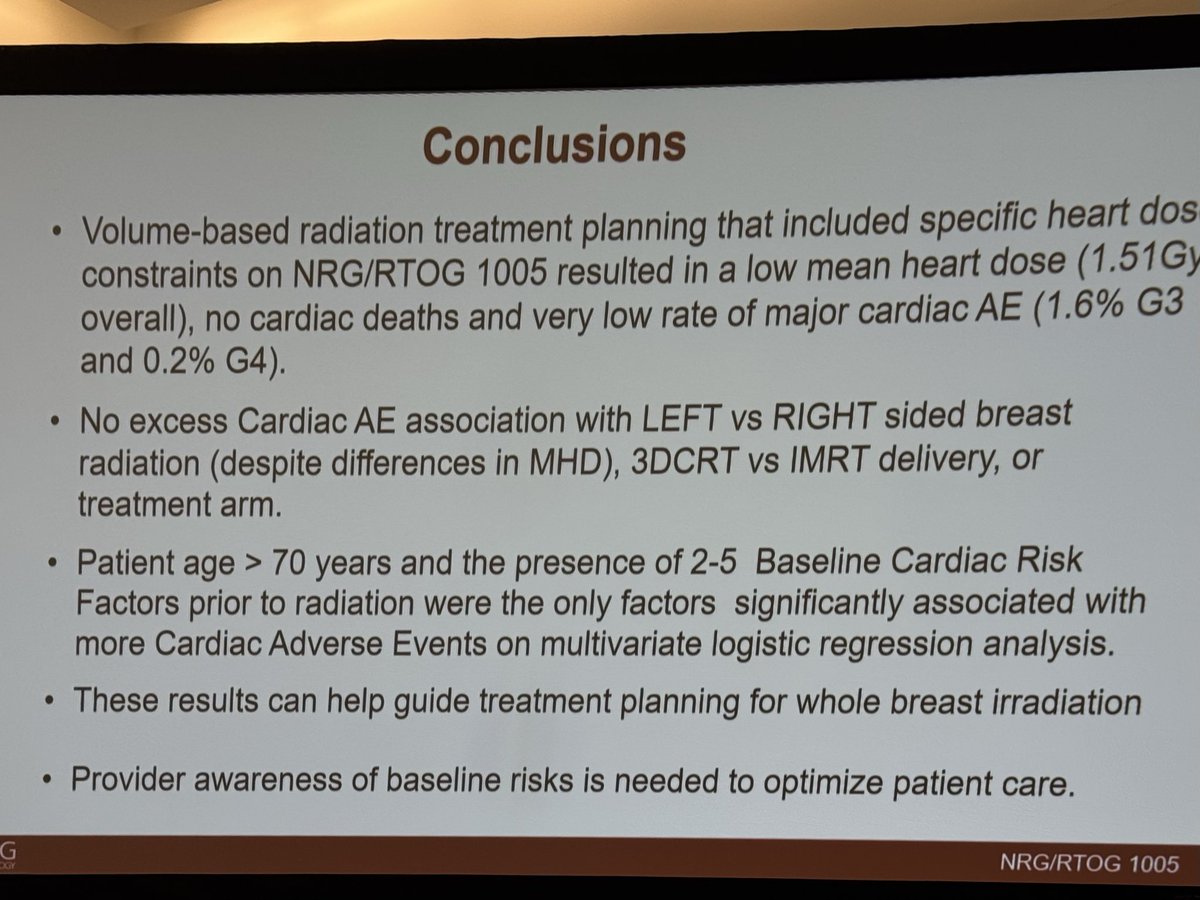 IBCradiation's tweet photo. Great news from Dr. White on the  @NRGonc NRG/RTOG 1005 SIB trial showing no correlation to cardiac AEs between arms or left vs right sided post lumpectomy treatment for breast cancer. #ASTRO26 https://t.co/w1FGBYJH9L