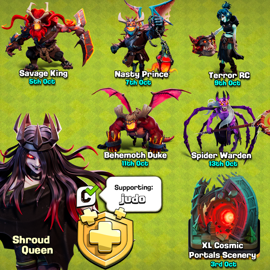 JudoSloth's tweet photo. The Cosmic Curse Season will bring Halloween Troops and New Equipment! Here are the Hero Skins and Scenery for the month. I shared gameplay of these and broke down the events coming on my YT channel, Judo Sloth Gaming. Thank you for support my channel before purchases with Code Judo!