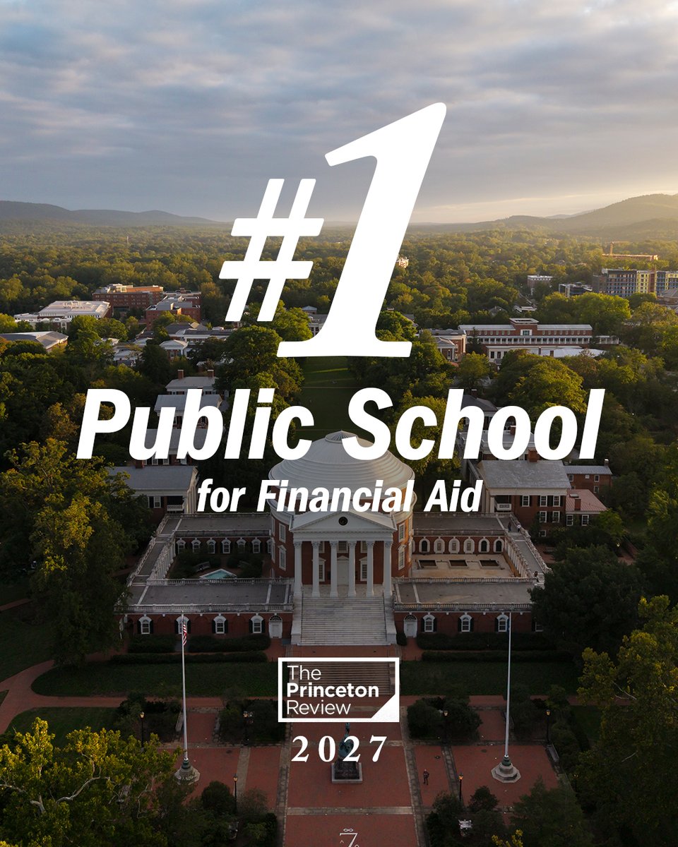 UVA's tweet photo. The University of Virginia is the No. 1 public school for financial aid in the country, according to @ThePrincetonRev’s 2027 Best Value rankings. 👏 

The company also named UVA the No. 2 value of all public colleges and No. 4 among public schools for both career placement and value without aid. https://t.co/ttGm6ysvfx