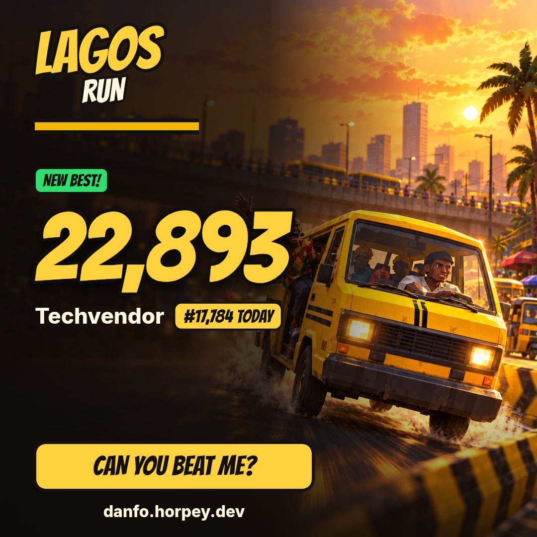 hspdailydiary's tweet photo. I scored 22,893 driving danfo in Lagos Run. I'm #17,784 today. Can you beat me? https://t.co/W3TPEMgxMq #LagosRun @eureka_seamless https://t.co/DgS5cRaGDF