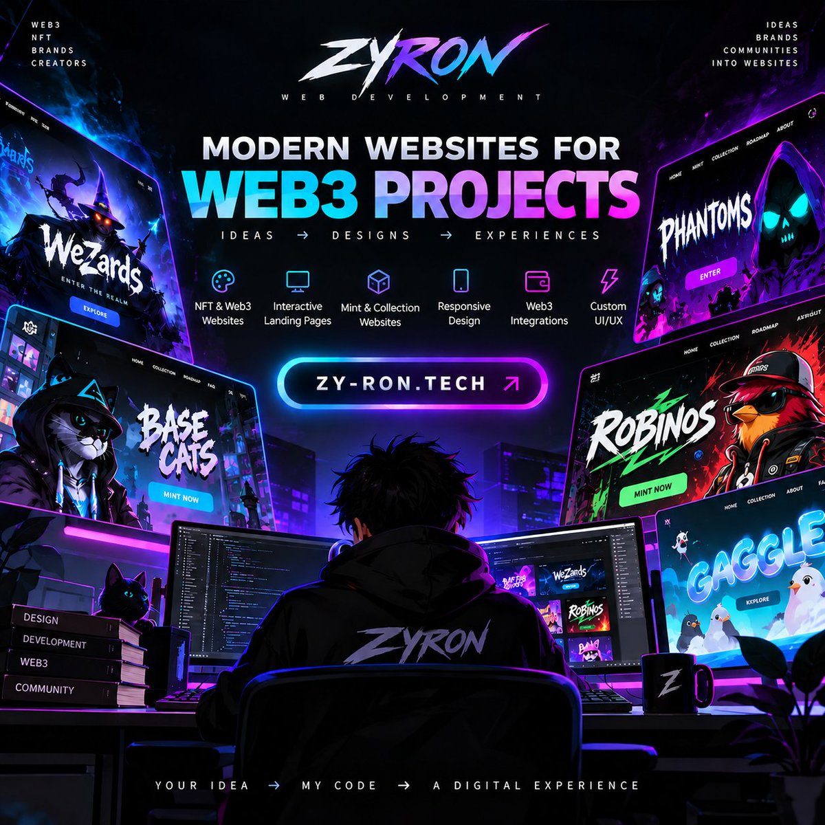 platform_360's tweet photo. 🚀 Introducing ZYRON — Web Development & Digital Experiences

I’m a Web Developer & Digital Experience Builder focused on creating modern, immersive, and high-performance websites for brands, creators, and Web3 projects.

Over time, I’ve had the opportunity to design and build websites for projects across the NFT & Web3 space, including projects such as @WezardsRH By @SickickZards  ; @Phanto0ms and other community-driven digital brands.

My focus isn’t just on making a website look good — I build experiences that feel unique, interactive, responsive, and aligned with the identity of the project.

⚡ What I build:
• Modern Web3 & NFT websites
• Interactive & animated landing pages
• Portfolio & personal websites
• Collection / mint websites
• Custom UI/UX experiences
• Responsive websites for mobile & desktop
• Web3 integrations & wallet-focused experiences

🌐 ZYRON is where I’m bringing this work together — turning ideas, brands, and creative concepts into websites that people actually remember.

If you’re an artist, NFT project, Web3 founder, creator, or brand looking for a custom website, feel free to reach out.

Your idea → My code → A digital experience.

🌐 https://t.co/G0uOEOh1uD