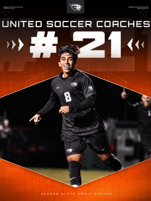A sports graphic titled 'UNITED SOCCER COACHES #21' featuring a smiling young player in a black Oregon State Men's Soccer uniform celebrating on the field.