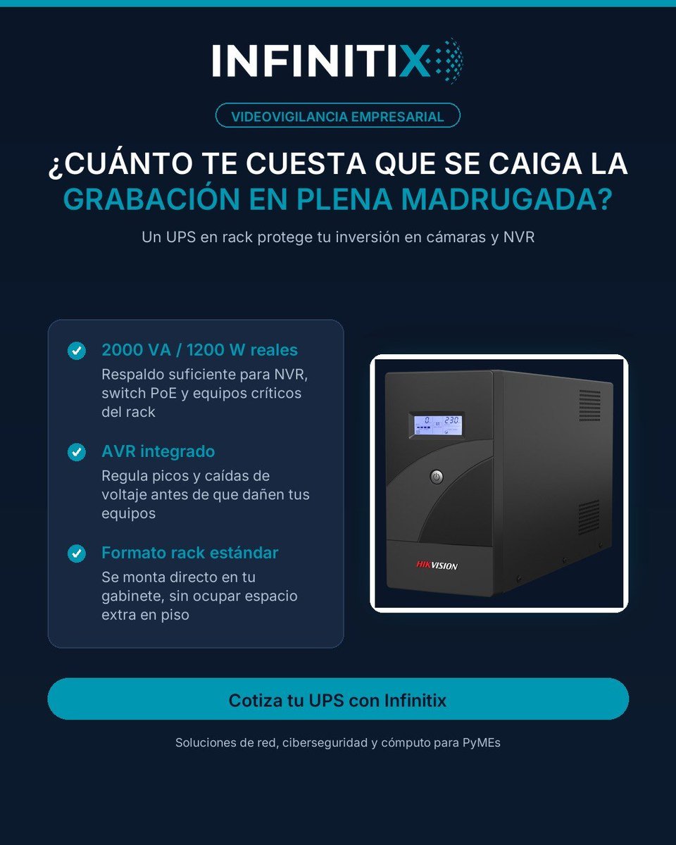 Infinitixgroup's tweet photo. Un apagón nocturno y tu NVR se apaga. Pierdes la grabación del incidente que necesitabas.

Un UPS en rack (2000VA, AVR integrado) mantiene tu videovigilancia operando aunque falle la luz. Protección real para tu inversión. #Videovigilancia https://t.co/Ow5k1l3ISa