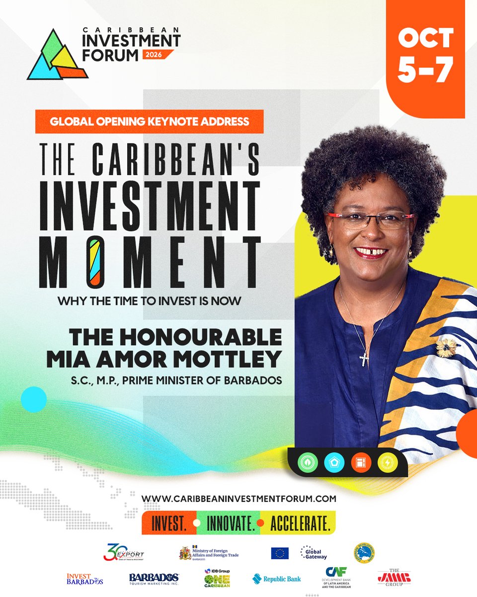 CaribXport's tweet photo. The Caribbean’s investment moment is now!

At CIF 2026, The Honourable Mia Amor Mottley, S.C., M.P., Prime Minister of Barbados, will deliver the Global Opening Keynote Address, “The Caribbean’s Investment Moment: Why the Time to Invest is Now.”

The address will spotlight the Caribbean’s growing investment opportunities, competitive advantages and the importance of stronger regional collaboration in attracting global capital, while setting out a vision for sustainable investment, innovation and economic growth across the region.

This is one keynote you won’t want to miss.

📍 Hilton Barbados Resort
📅 October 5–7, 2026

Register today:
https://t.co/JS5QUKvywx 

#CIF2026 #CaribbeanInvestmentForum #InvestCaribbean #ClimateResilience #DigitalTransformation #CaribbeanExport