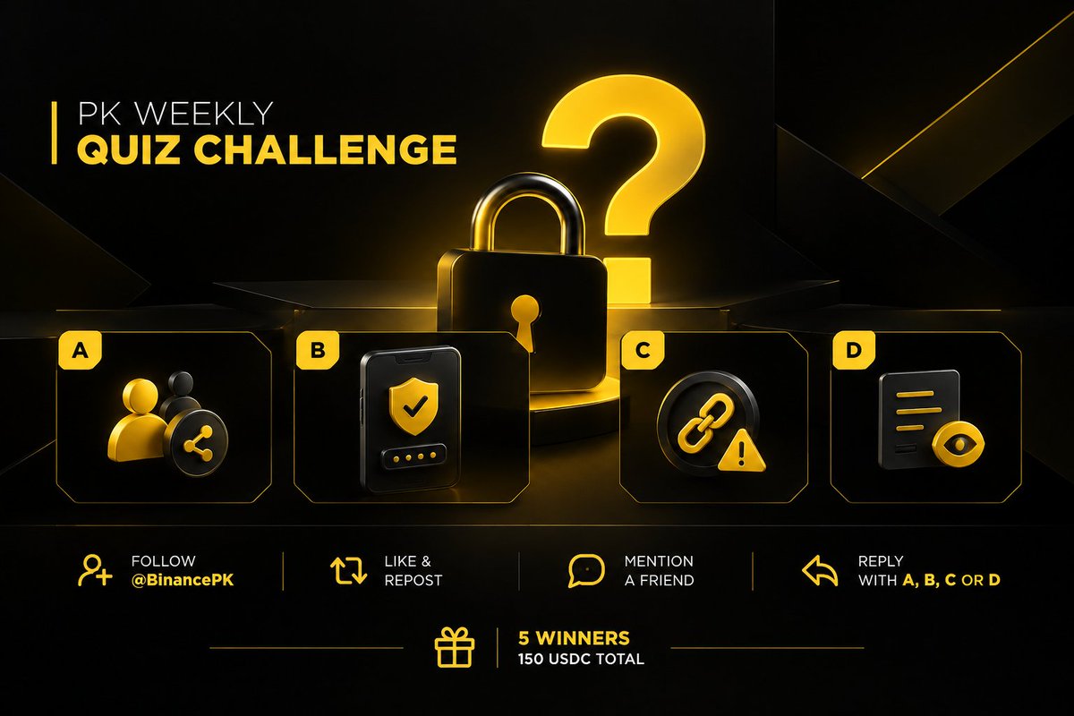 BinancePk's tweet photo. PK Weekly Quiz Challenge

Is haftay aapki crypto safety & security knowledge ko test karte hain. 👀

Sawal: Apne Binance account ko protect karne ka sab se safe tareeqa kya hai?

A. Apna password kisi trusted person ke saath share karna
B. 2FA use karna aur apni security details private rakhna
C. Unknown accounts se aaye links par click karna
D. Apni recovery details public chats mein store karna
🎁 150 USDC Prize Pool
5 winners × 30 USDC

Participate karne ka tareeqa:
✅ @BinancePK ko follow karo
✅ Is post ko like & repost karo
✅ Comments mein ek dost ko mention karo
📩 Sahi jawab A, B, C ya D mein reply karo
5 winners ko tamam correct answers mein se randomly select kiya jayega.

Sharp raho. Secure raho. 🇵🇰🔐