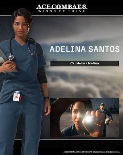 melissamedinavo's tweet photo. I'M SANTOS IN #AceCombat8!! I keep everyone in one piece on-ship &amp; always have your back. I hope you love her!

It's an incredible honor to be part of something so cool! Thank you Bandai Namco for trusting us to record from studios all over the world - I can't wait to play! https://t.co/R8OhOZipmz