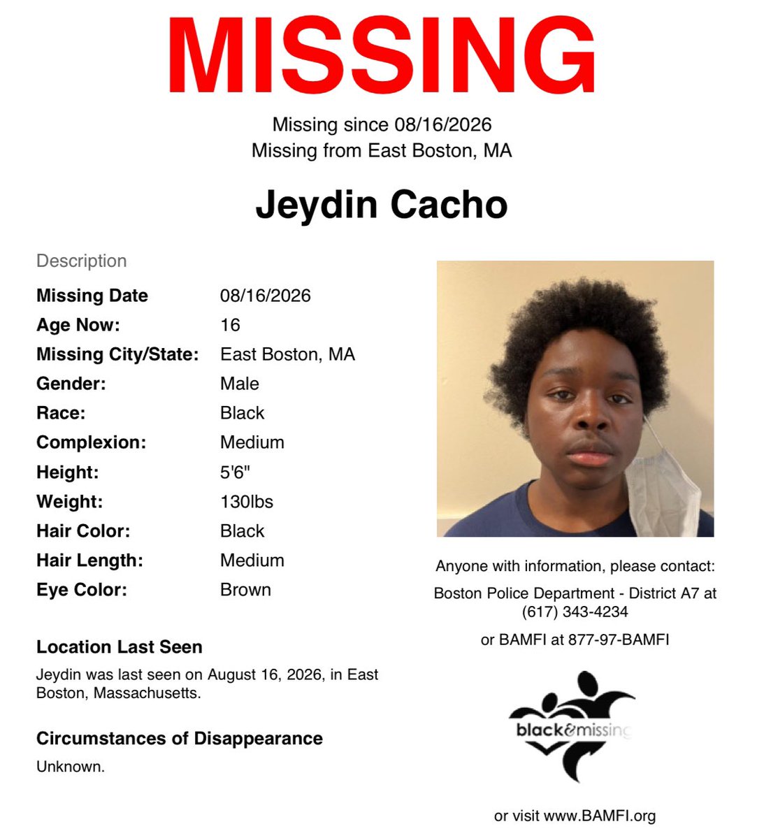 BAM_FI's tweet photo. #EastBoston, #MA: 16y/o Jeydin was last seen on August 16, wearing a black sweatshirt, black sweatpants, and black shoes.

Have you seen him?

Please SHARE to #HelpUsFindJeydinCacho #HelpUsFindUs #JeydinCacho https://t.co/Z2TONXUyk1
