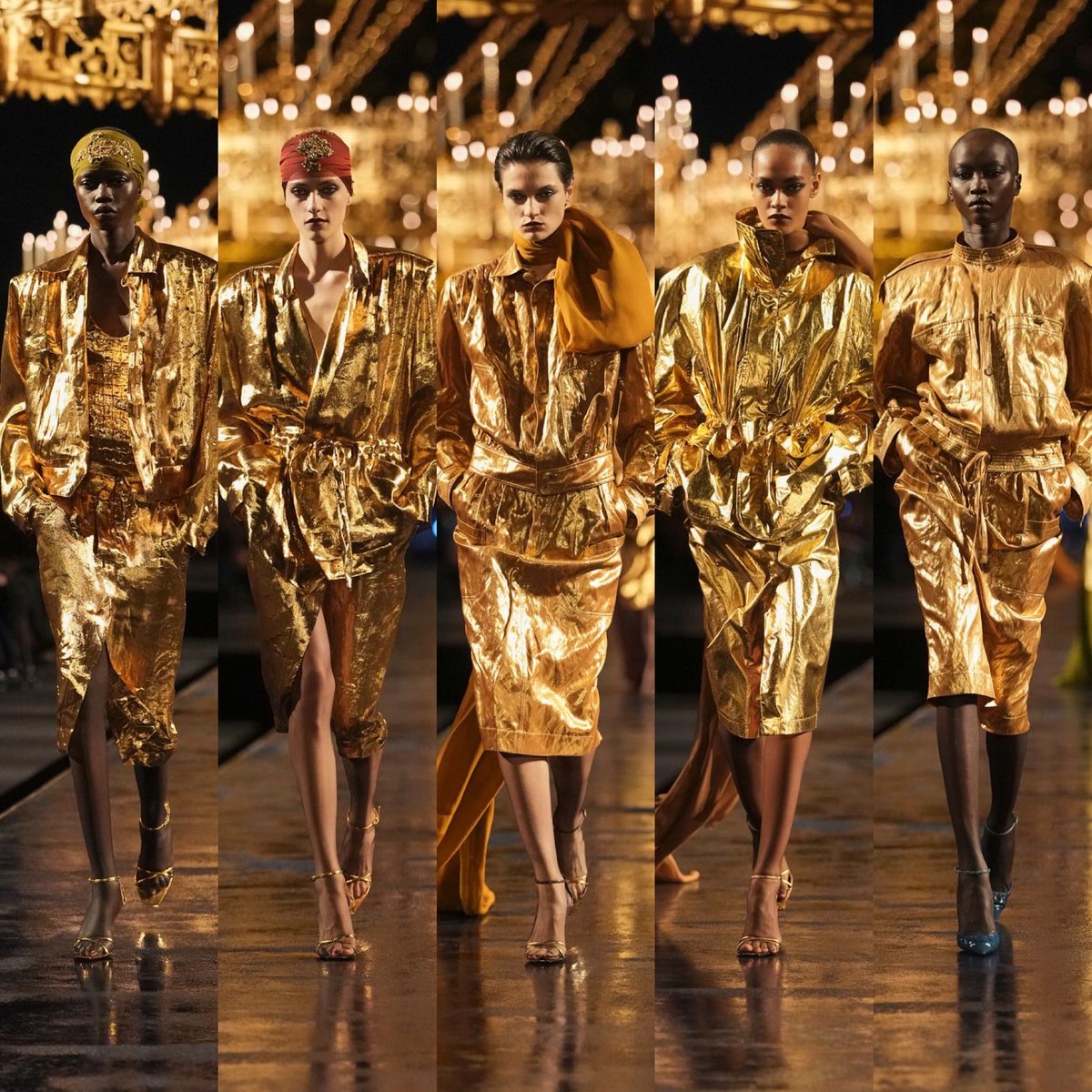 rebecamaccise's tweet photo. “Amo el oro, es un color mágico. Cuando refleja a una mujer, es el color del sol”. Yves Saint Laurent 

Saint Laurent SS27 https://t.co/M4SV5Ni5xu
