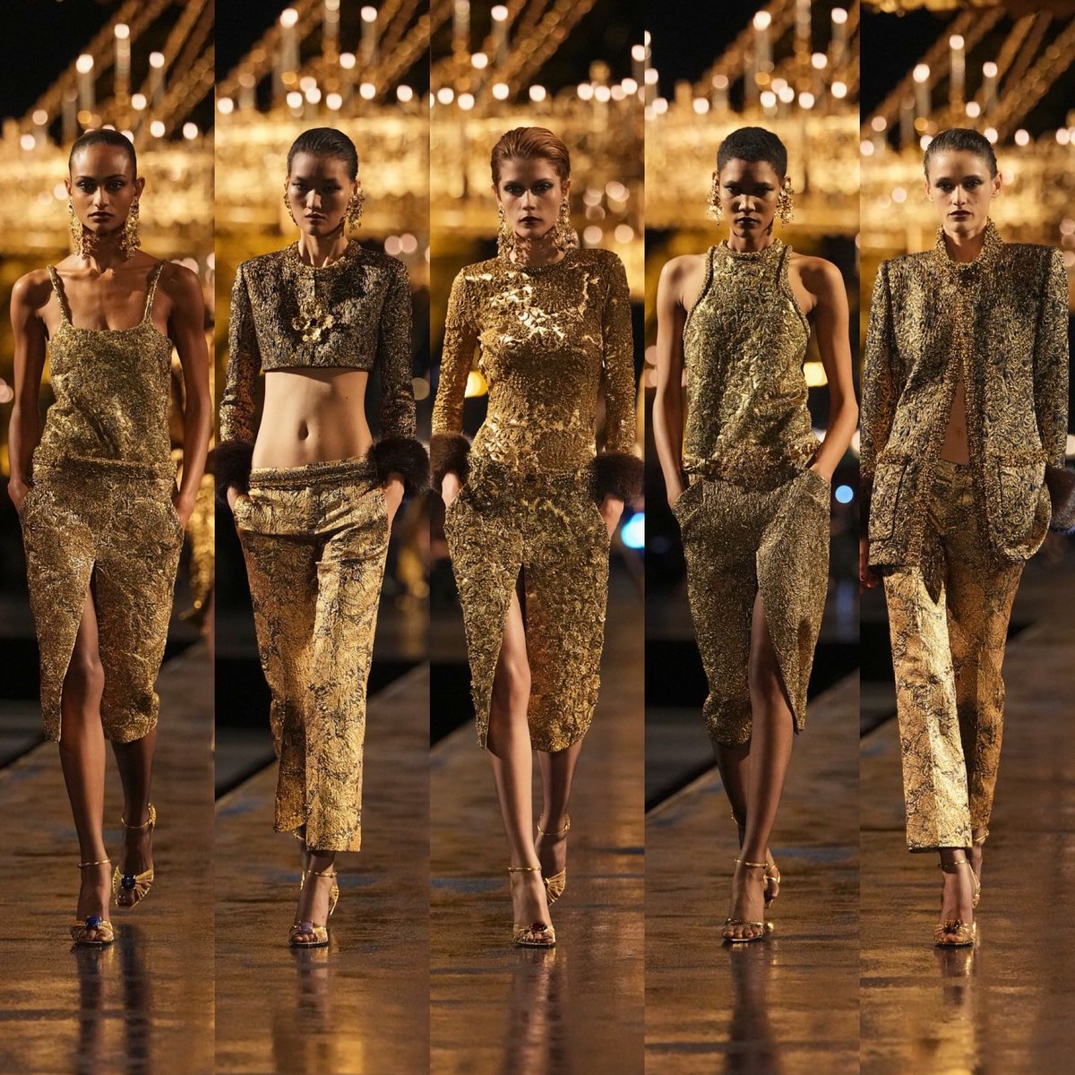 rebecamaccise's tweet photo. “Amo el oro, es un color mágico. Cuando refleja a una mujer, es el color del sol”. Yves Saint Laurent 

Saint Laurent SS27 https://t.co/M4SV5Ni5xu