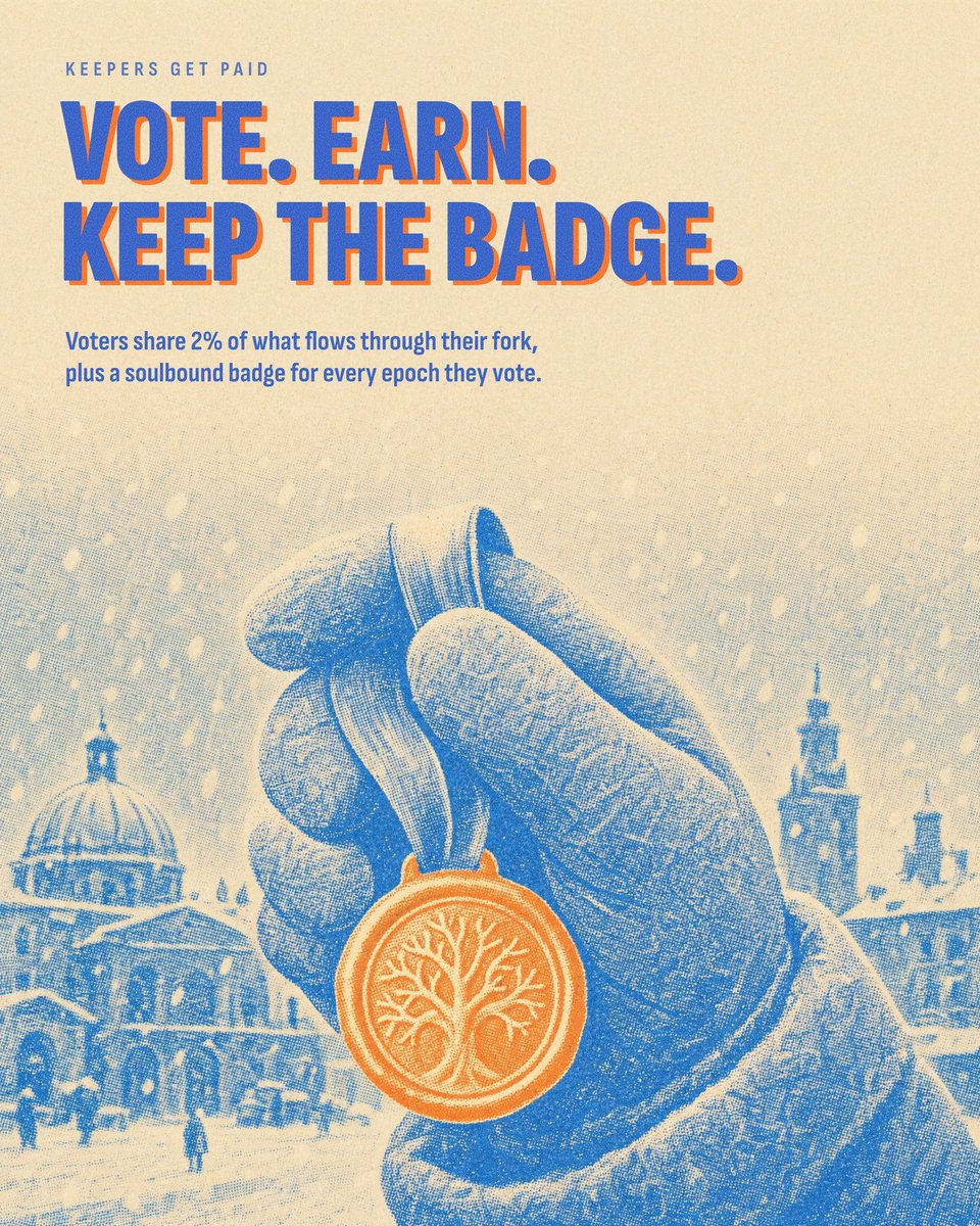 GraphFunding's tweet photo. Keepers who vote on a fork share 2% of what flows through it that epoch.

And every epoch you vote, you get a soulbound badge. Proof you steered the money.

https://t.co/NhcNmRmHwl https://t.co/W2BpDI9FZ2