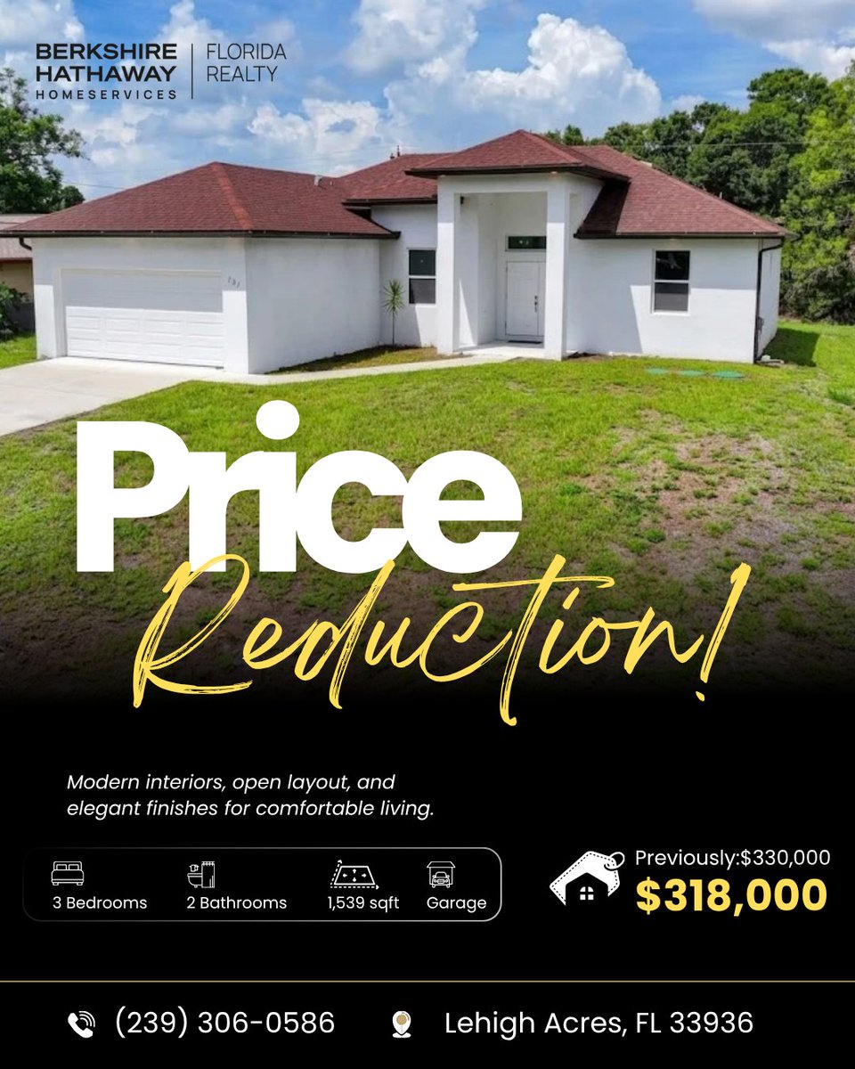 irome001's tweet photo. PRICE REDUCTION in Lehigh Acres! 🚨🏡✨
Your Florida dream home just became even more accessible. This brand-new construction beautifully blends modern design, functionality, and everyday comfort.
Property Highlights:
🛏️ 3 Bedrooms + Versatile Den (perfect for a home office,... https://t.co/xOf3KLYNlf