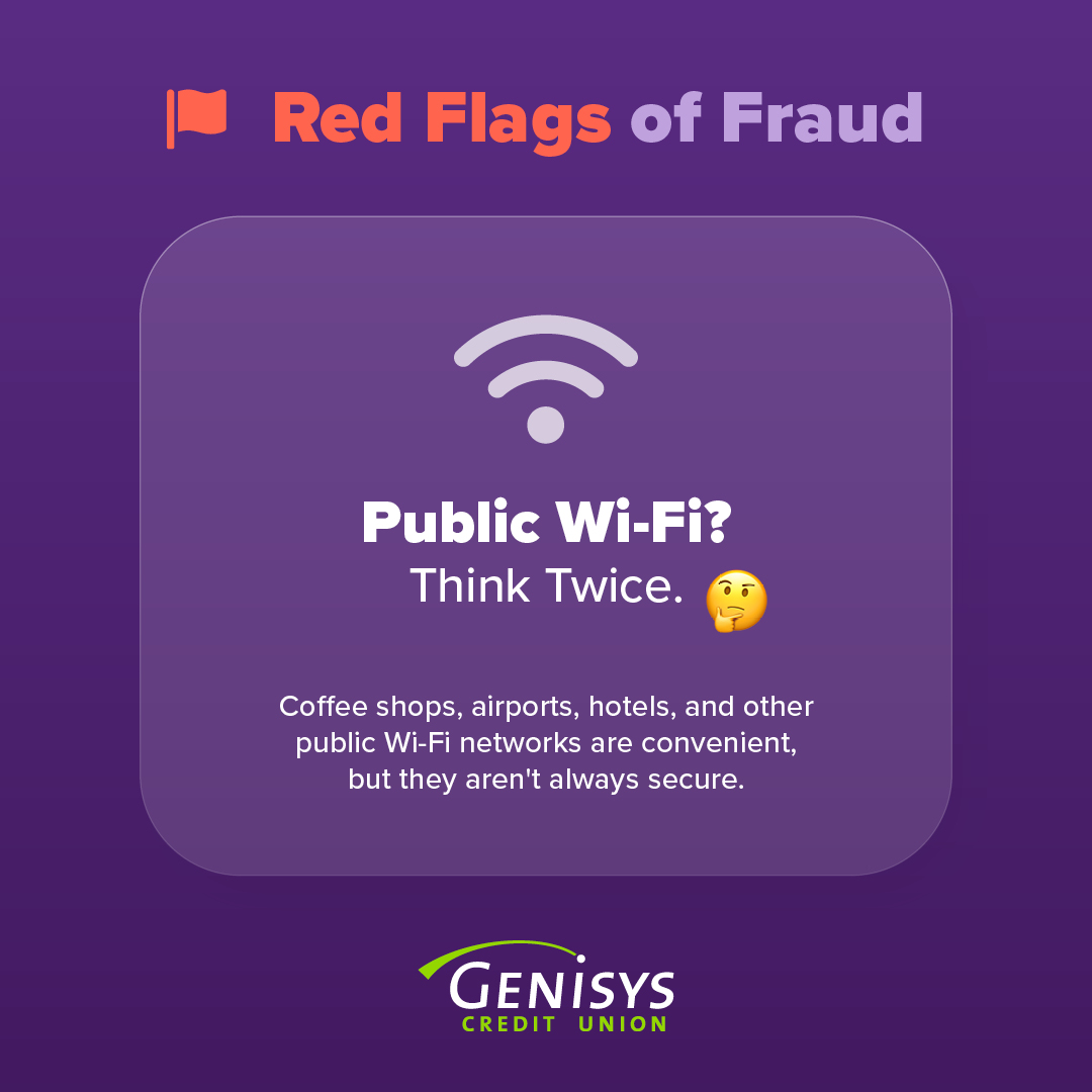 Genisyscu's tweet photo. Avoid logging into financial accounts or entering sensitive information while using public Wi-Fi. If you must connect, consider using a trusted VPN or wait until you're on a secure network. Convenience shouldn't come at the cost of your security. #wearegenisys 💚 Insured by NCUA https://t.co/YXzh7W1fKU