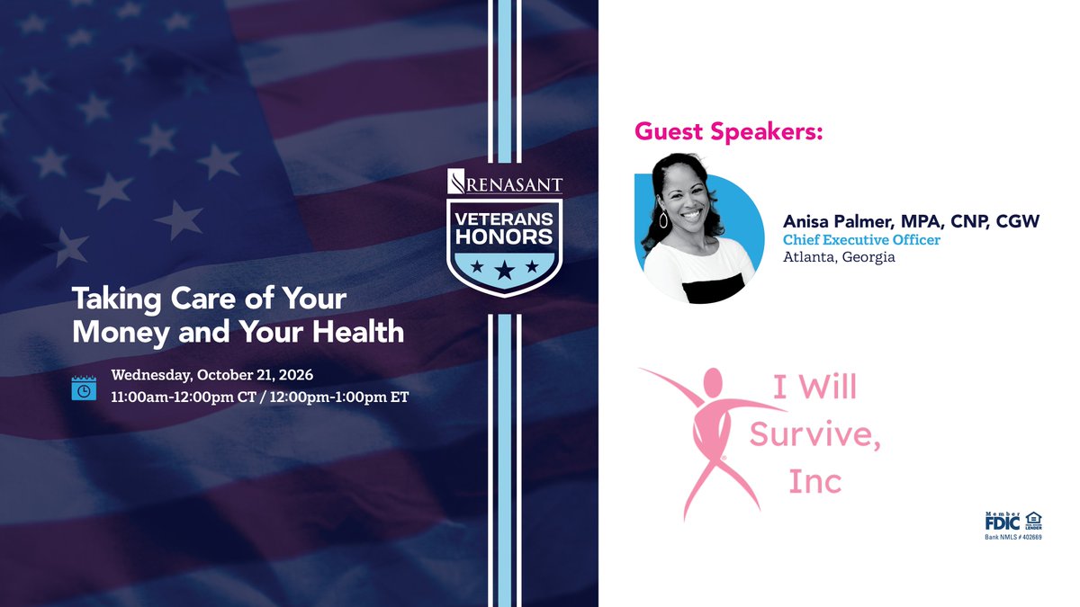 renasant's tweet photo. 🇺🇸 Join this webinar to learn more about the I Will Survive, Inc. organization, and how they can support you or someone in your community.

📝 Register for free today: https://t.co/9TXpxhUK07 https://t.co/gHfjEAduzU