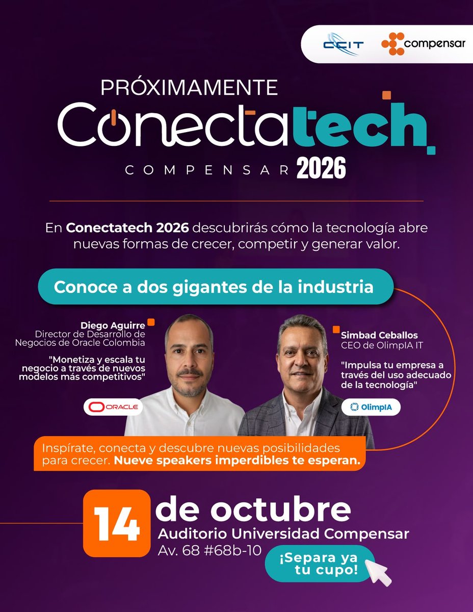 CCIT_'s tweet photo. Recuerden que estamos cerca de una nueva versión de #Conectatech2026 registrese y a través de grandes expertos, conozca las nuevas oportunidades de negocio que trae la tecnología para las empresas colombianas.

Inscríbase aquí:
https://t.co/lMIU8urwWq https://t.co/EI1LCdGTeH