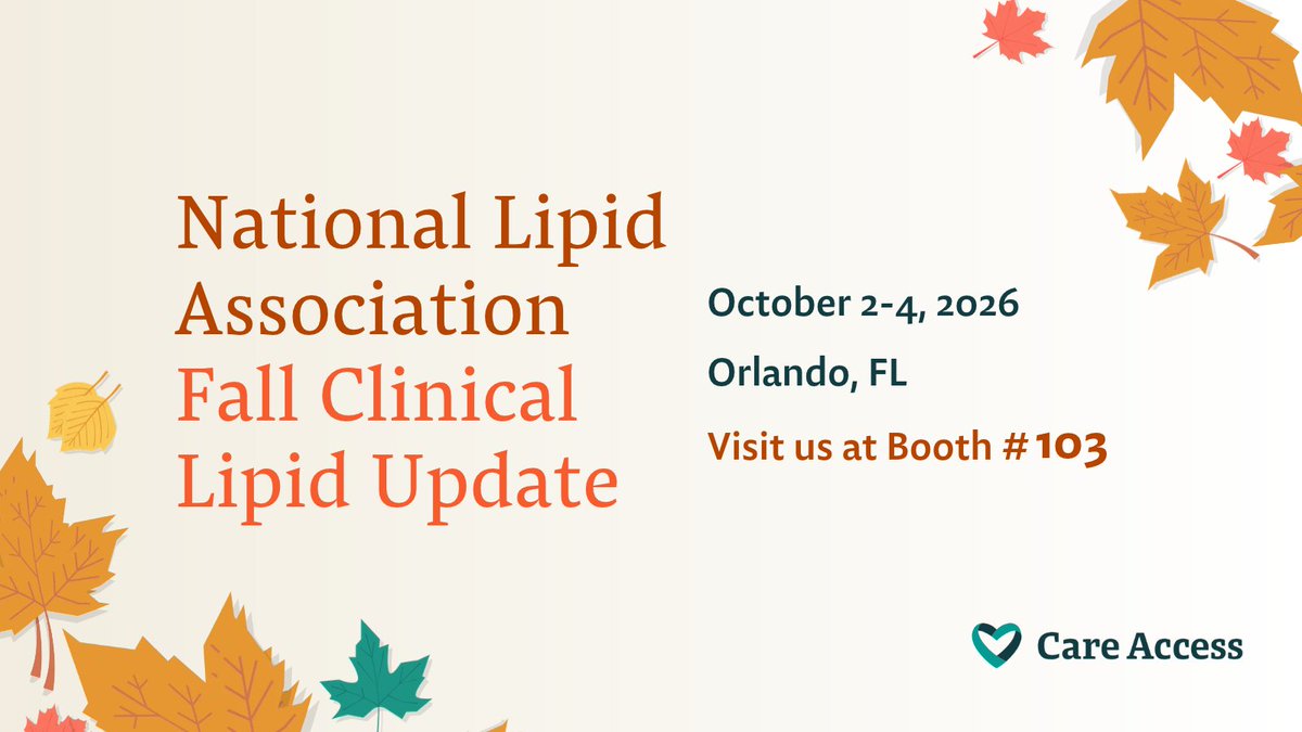 Care_Access_'s tweet photo. Care Access will be attending the National Lipid Association Fall Clinical Lipid Update from October 2-4 in Orlando, FL.

Join us at Booth #103 to learn how Care Access works directly with physicians in communities across the globe to make cardiometabolic health screenings and research opportunities more accessible for their patients.