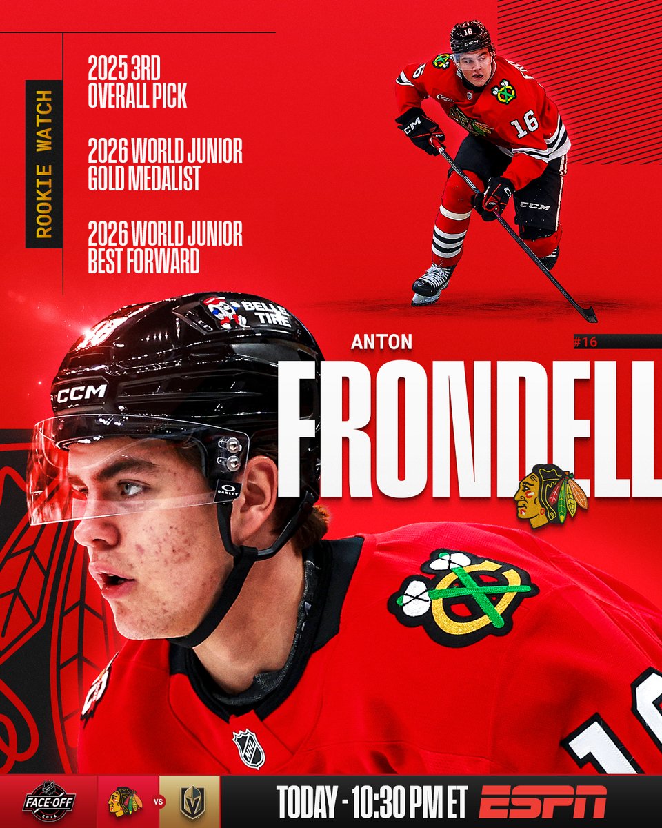 What's in store for Anton Frondell this season? 👀

Watch Frondell and the @​NHLBlackhawks take on the @​GoldenKnights TONIGHT at 10:30 PM ET on @​espn! #NHLFac