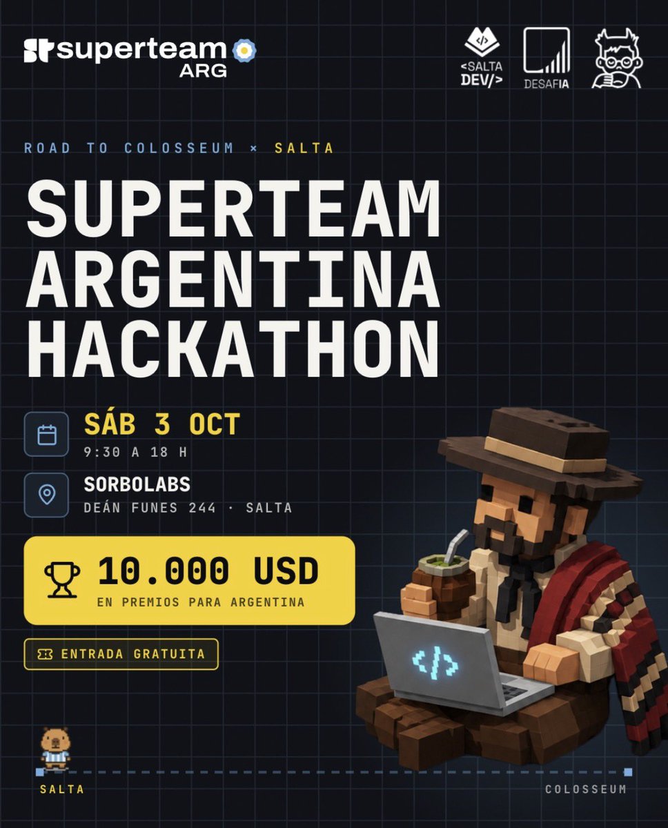 agustin_jzz's tweet photo. Este sábado 3 de Octubre tenemos hacka de Solana 👀

Salta va a ser una de las sedes del evento que se está realizando de manera global de la mano de @SuperteamAR x @SaltaDevAr x @desafiatech 🚀🇦🇷

Mas info en https://t.co/dgs9W93mSb https://t.co/J9Vusx6TZK