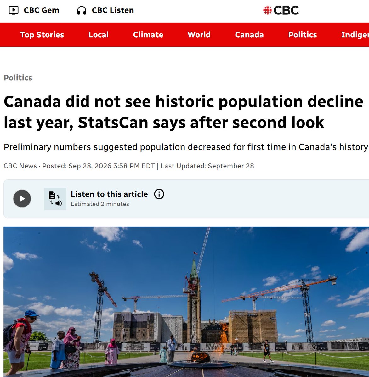 cbcwatcher's tweet photo. CP: Carney says immigration is “under control,” so a “controlled increase” is next

That Carney line was built on the old StatCan data. The Sept. 23 revision put ~240k temps back; NPRs are still 2.78 million, 6.7% — farther from the 5% target, not a green light

CP/CTV omitted that pertinent detail...